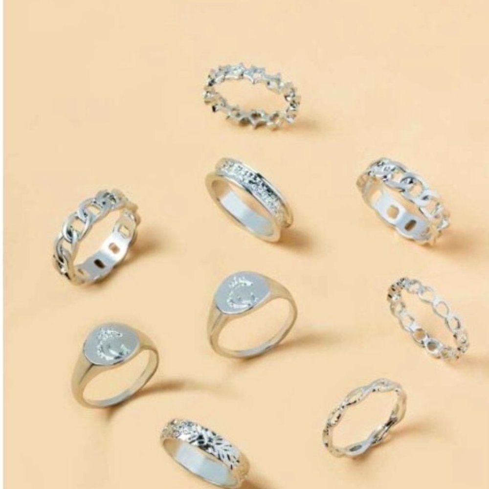 9pcs Star Decor Ring Silver